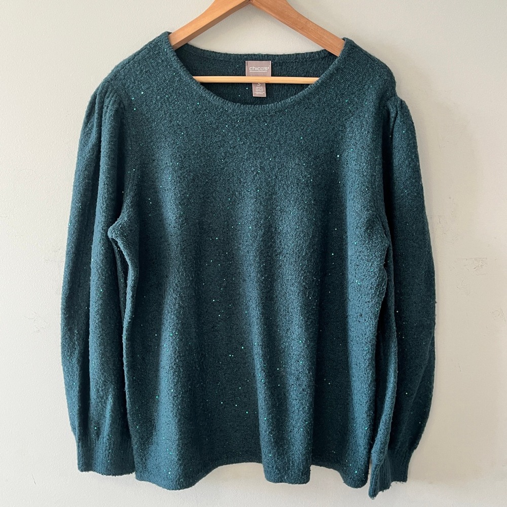 Chico's Sequin Puff Shoulder Sweater Dark Teal Green Size XL/16 Shimmer Knit